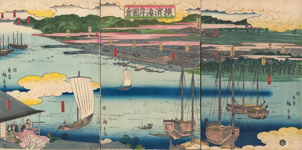 二代歌川広重「横濱海岸圖會」。入海に船が浮かび、右図には松林と「辨天」の札が描かれている